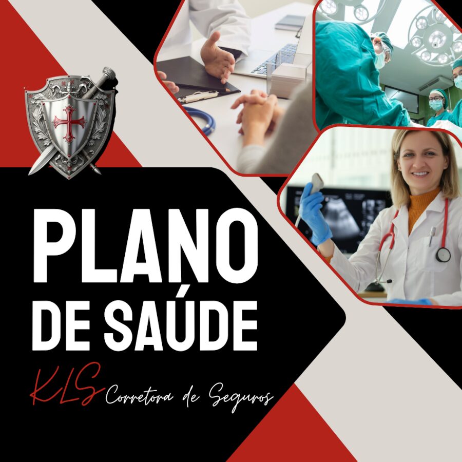 Banner de Plano de Saúde com ilustrações de atendimento médico, incluindo clínica, cirurgia e exame de ultrassom. Logotipo da KLS Corretora de Seguros.
